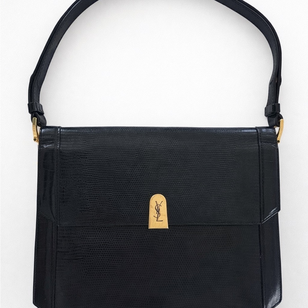 Vintage Yves Saint Laurent Black Lizard-Embossed Flap Shoulder Bag